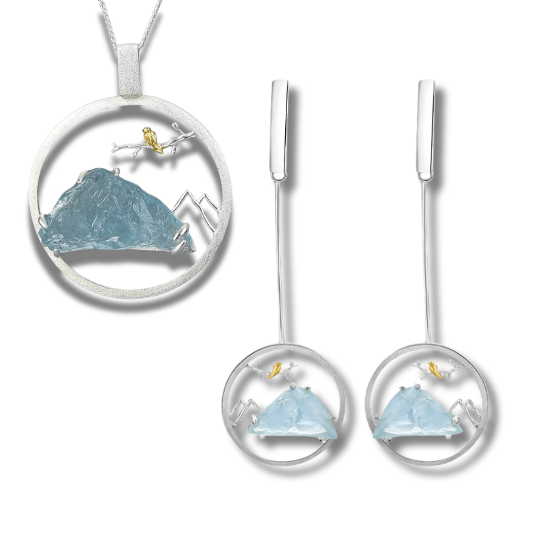 Alpenglanz – Schmuckset mit Aquamarin - Ohrringe und Kette - YNNOVIA
