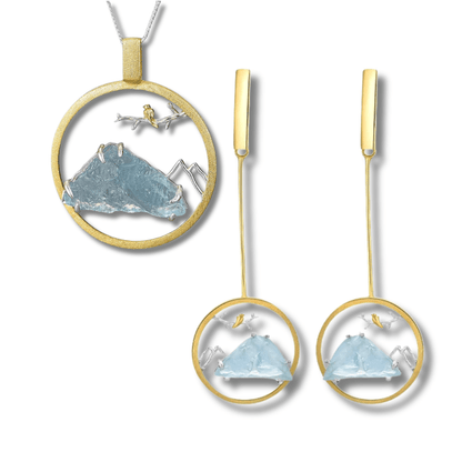 Alpenglanz – Schmuckset mit Aquamarin - Ohrringe und Hette - Gold - YNNOVIA